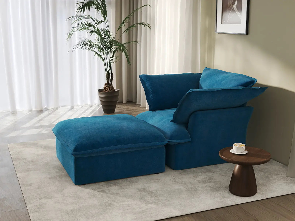 Deluxe Cloud Blue 1-Seater Single Sofa | 2-Piece (includes 1 ottoman), Velvet Fabric, Storage Ottoman