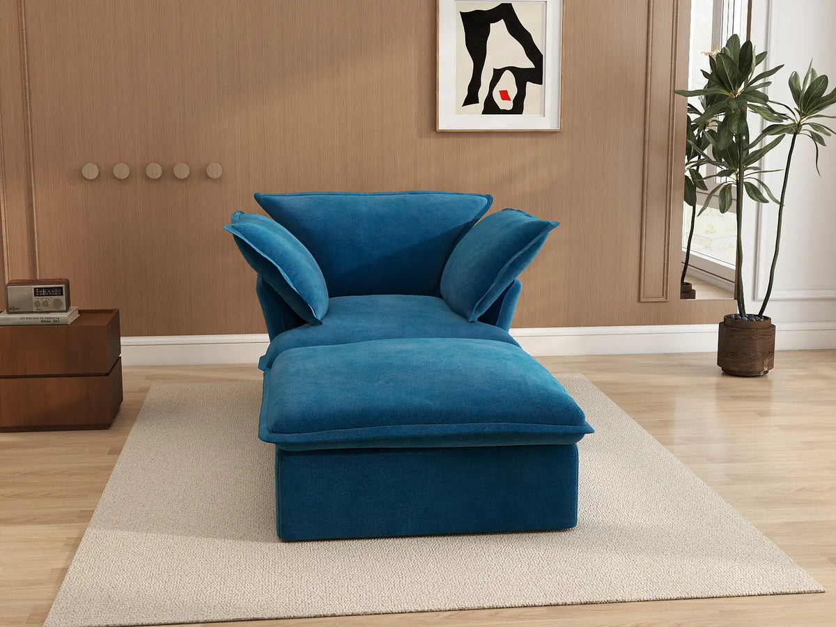 Deluxe Cloud Blue 1-Seater Single Sofa | 2-Piece (includes 1 ottoman), Velvet Fabric, Storage Ottoman