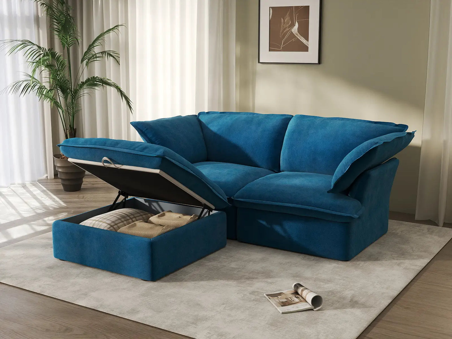 Deluxe Cloud Blue 2-Seater Chaise Sectional | 3-Piece (includes 1 ottoman), Velvet Fabric, Storage Ottoman