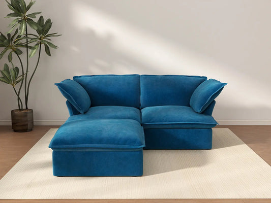 Sofá seccional chaise longue Deluxe Cloud Blue de 2 plazas | 3 piezas (incluye 1 otomana), tela de terciopelo, otomana con almacenaje