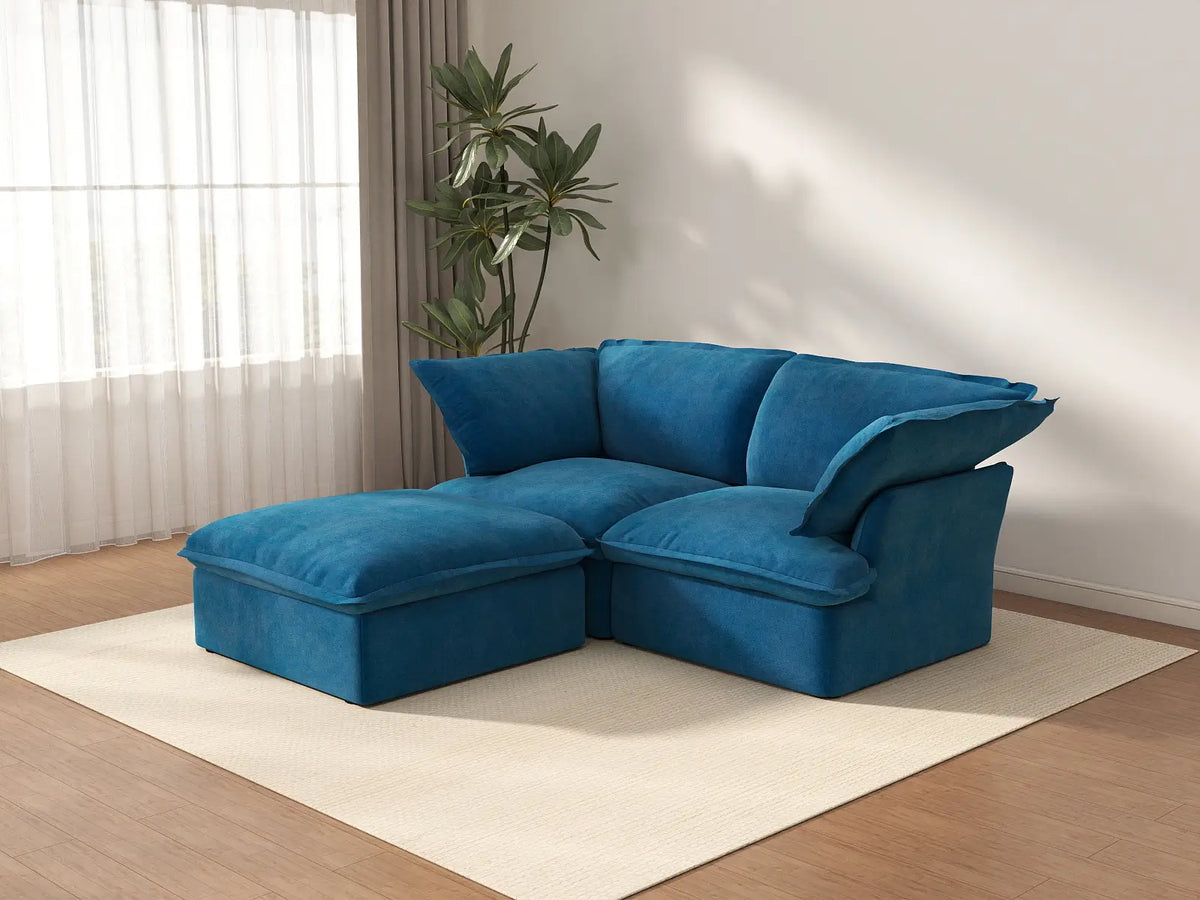 Deluxe Cloud Blue 2-Seater Chaise Sectional | 3-Piece (includes 1 ottoman), Velvet Fabric, Storage Ottoman