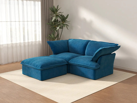 Sofá seccional chaise longue Deluxe Cloud Blue de 2 plazas | 3 piezas (incluye 1 otomana), tela de terciopelo, otomana con almacenaje
