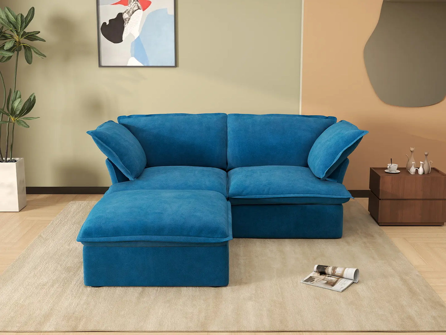 Deluxe Cloud Blue 2-Seater Chaise Sectional | 3-Piece (includes 1 ottoman), Velvet Fabric, Storage Ottoman