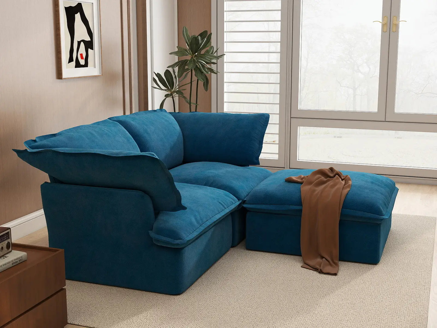 Deluxe Cloud Blue 2-Seater Chaise Sectional | 3-Piece (includes 1 ottoman), Velvet Fabric, Storage Ottoman