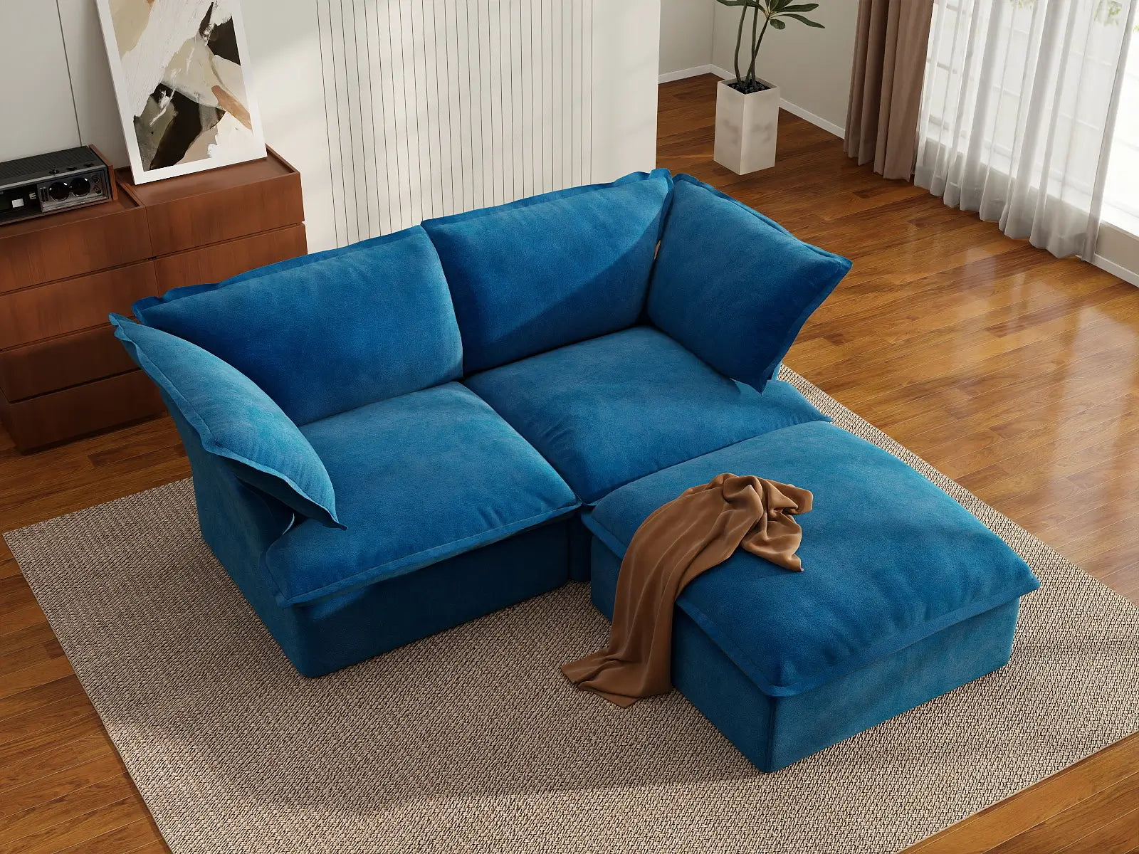 Sofá seccional chaise longue Deluxe Cloud Blue de 2 plazas | 3 piezas (incluye 1 otomana), tela de terciopelo, otomana con almacenaje