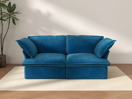 Sofá biplaza de lujo azul nube para espacios pequeños | 2 piezas, tela de terciopelo, fundas lavables