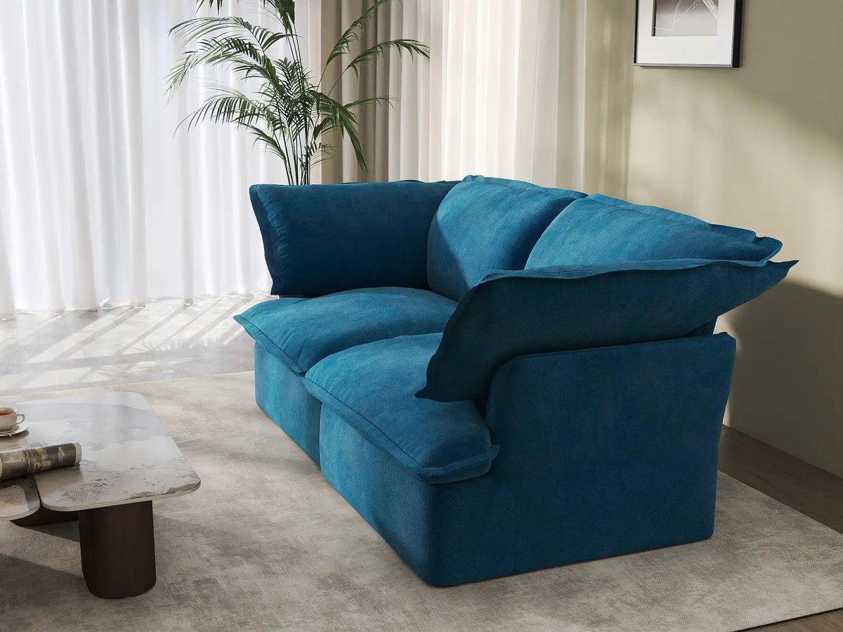 Sofá biplaza de lujo azul nube para espacios pequeños | 2 piezas, tela de terciopelo, fundas lavables