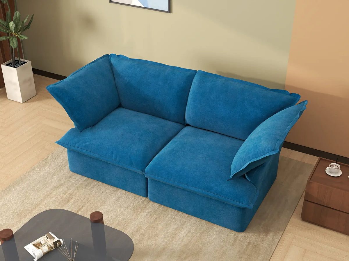 Sofá biplaza de lujo azul nube para espacios pequeños | 2 piezas, tela de terciopelo, fundas lavables
