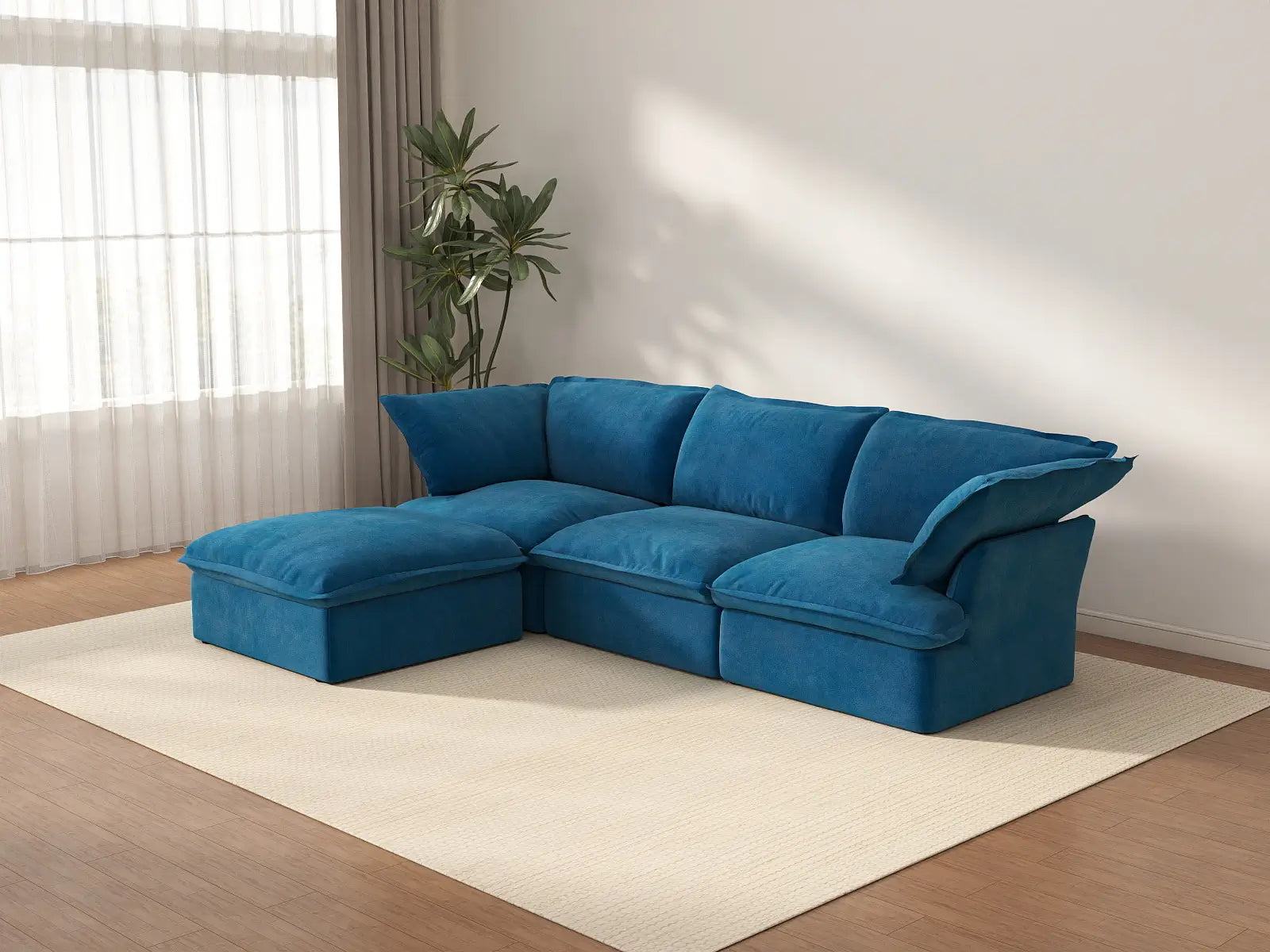 Seccional Deluxe en Forma de L de 3 Plazas Azul Nube | 4 piezas (incluye 1 otomana), Tela de Terciopelo, Otomana con Almacenamiento