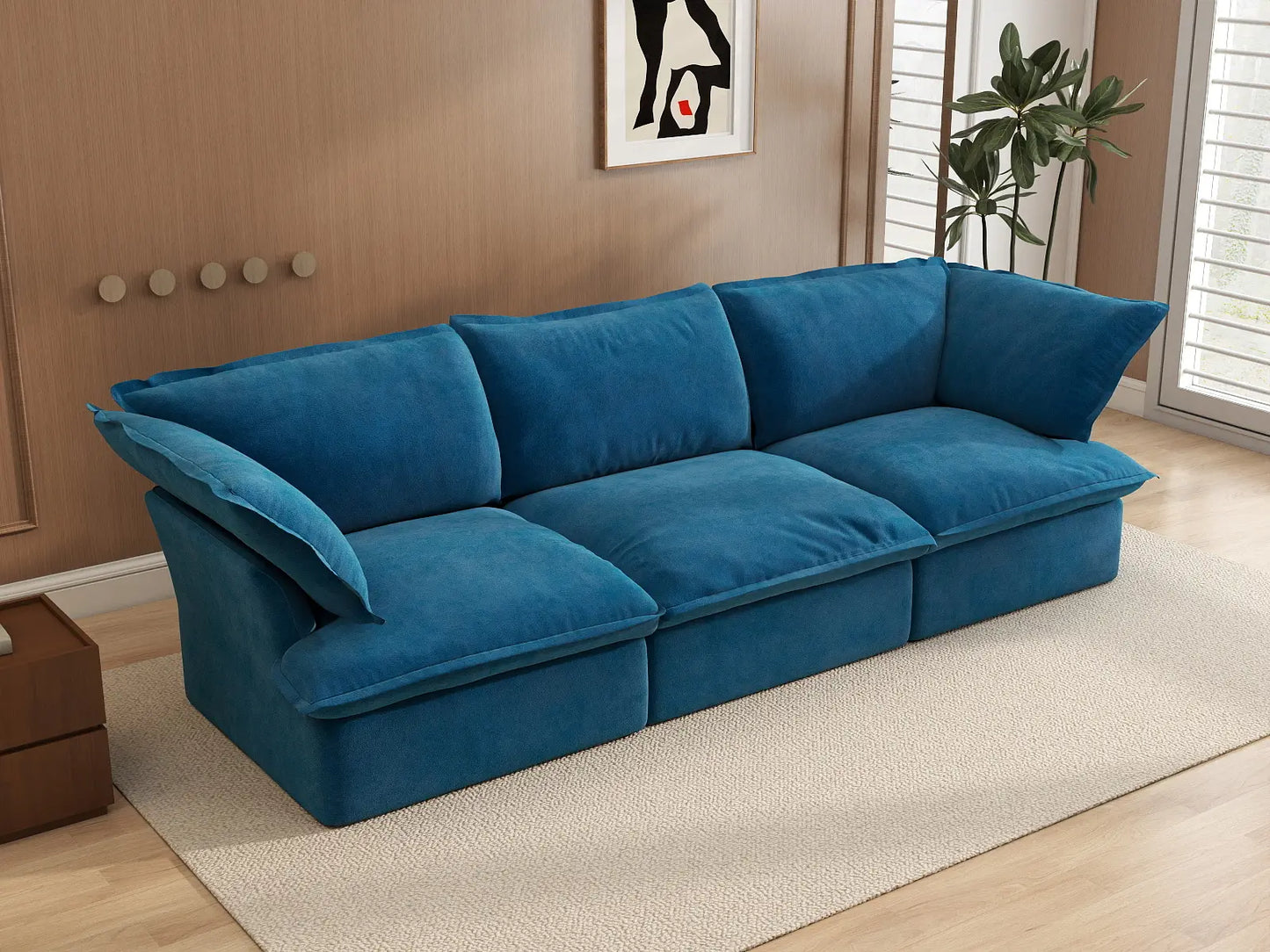 Deluxe Cloud Blue 3-Seater Modular Couch Sectional | 3-Piece, Velvet Fabric, Washable Covers