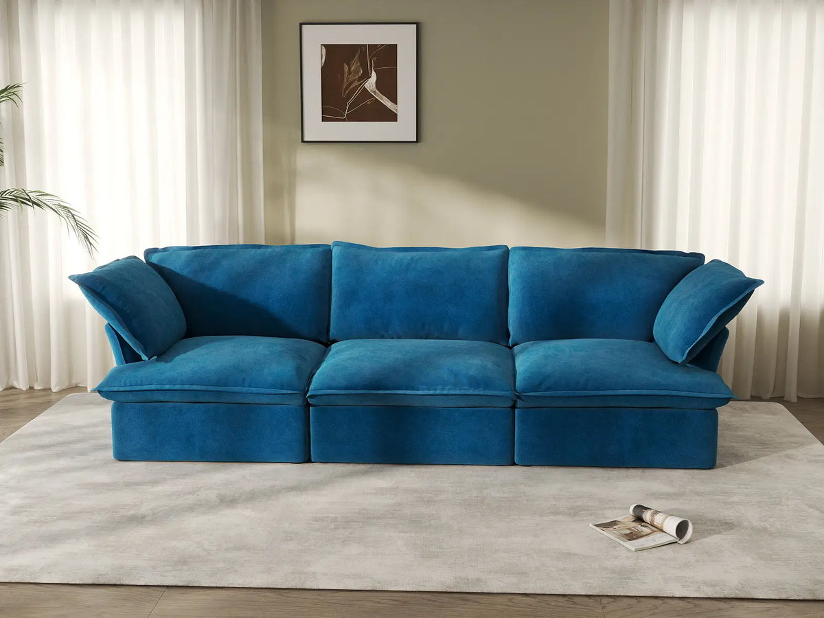 Deluxe Cloud Blue 3-Seater Modular Couch Sectional | 3-Piece, Velvet Fabric, Washable Covers
