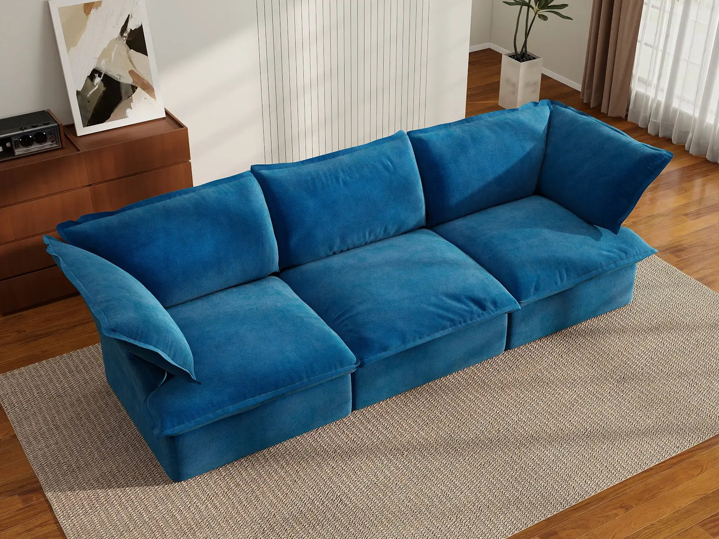 Deluxe Cloud Blue 3-Seater Modular Couch Sectional | 3-Piece, Velvet Fabric, Washable Covers