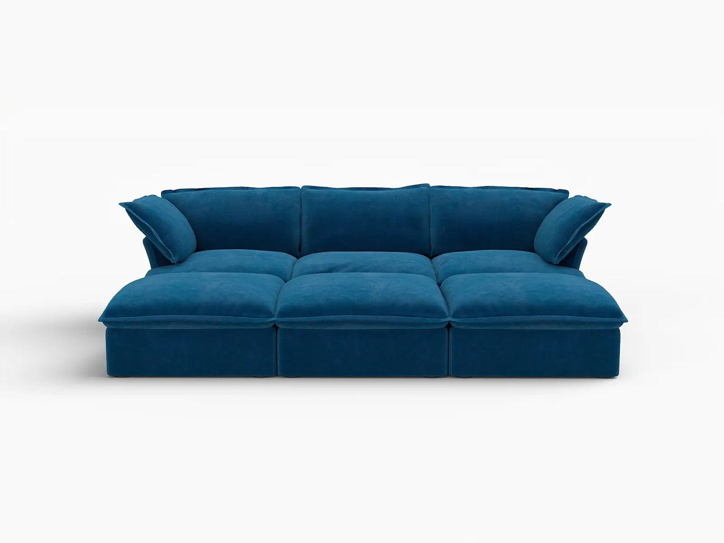 Deluxe Cloud Blue 3-Seater Modular Pit Sectional | 6-Piece (includes 3 ottomans), Velvet Fabric, Storage Ottoman