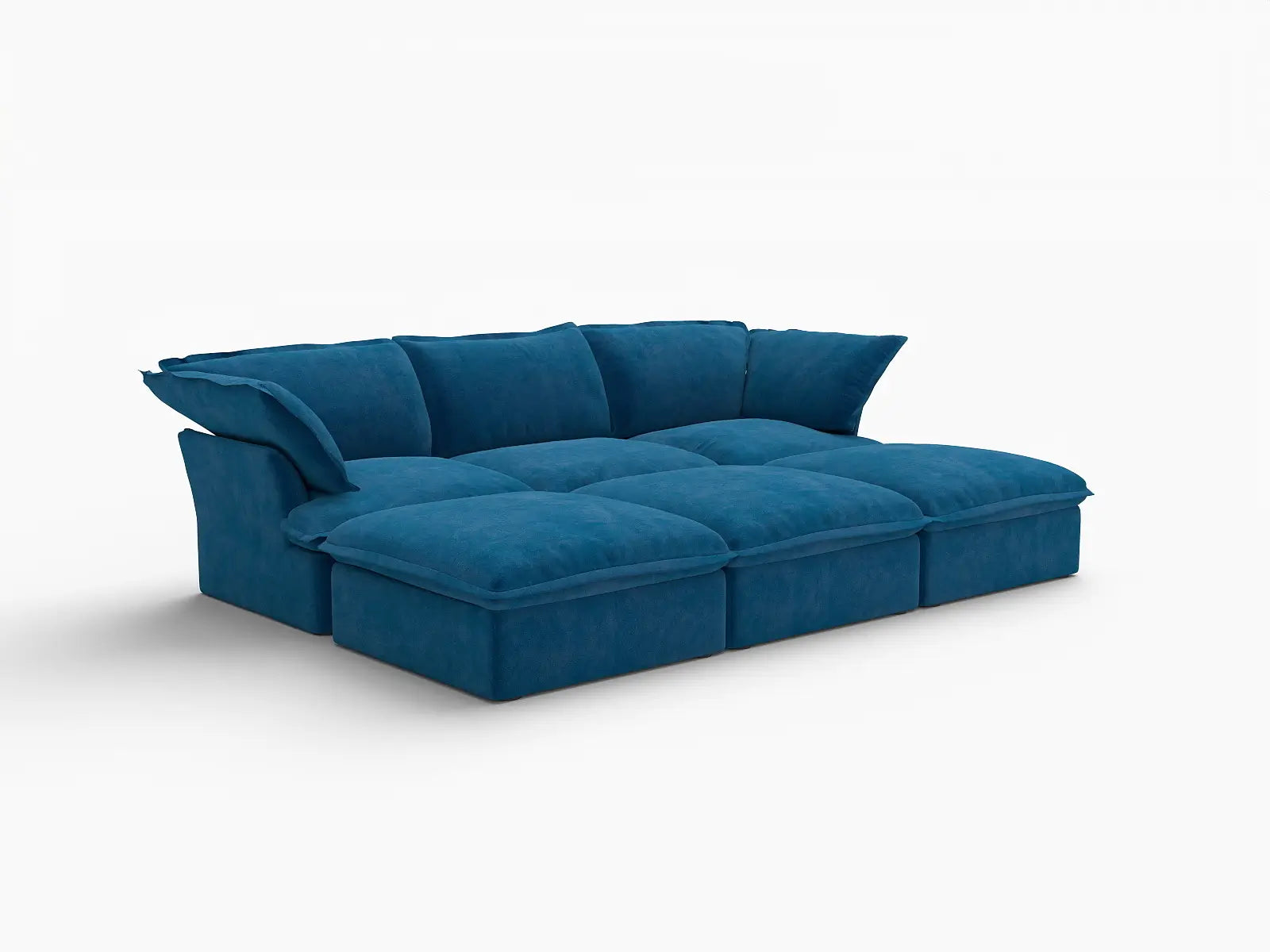 Seccional modular de lujo Cloud Blue de 3 plazas con sección de pozo | 6 piezas (incluye 3 pufs), tela de terciopelo, puf de almacenamiento