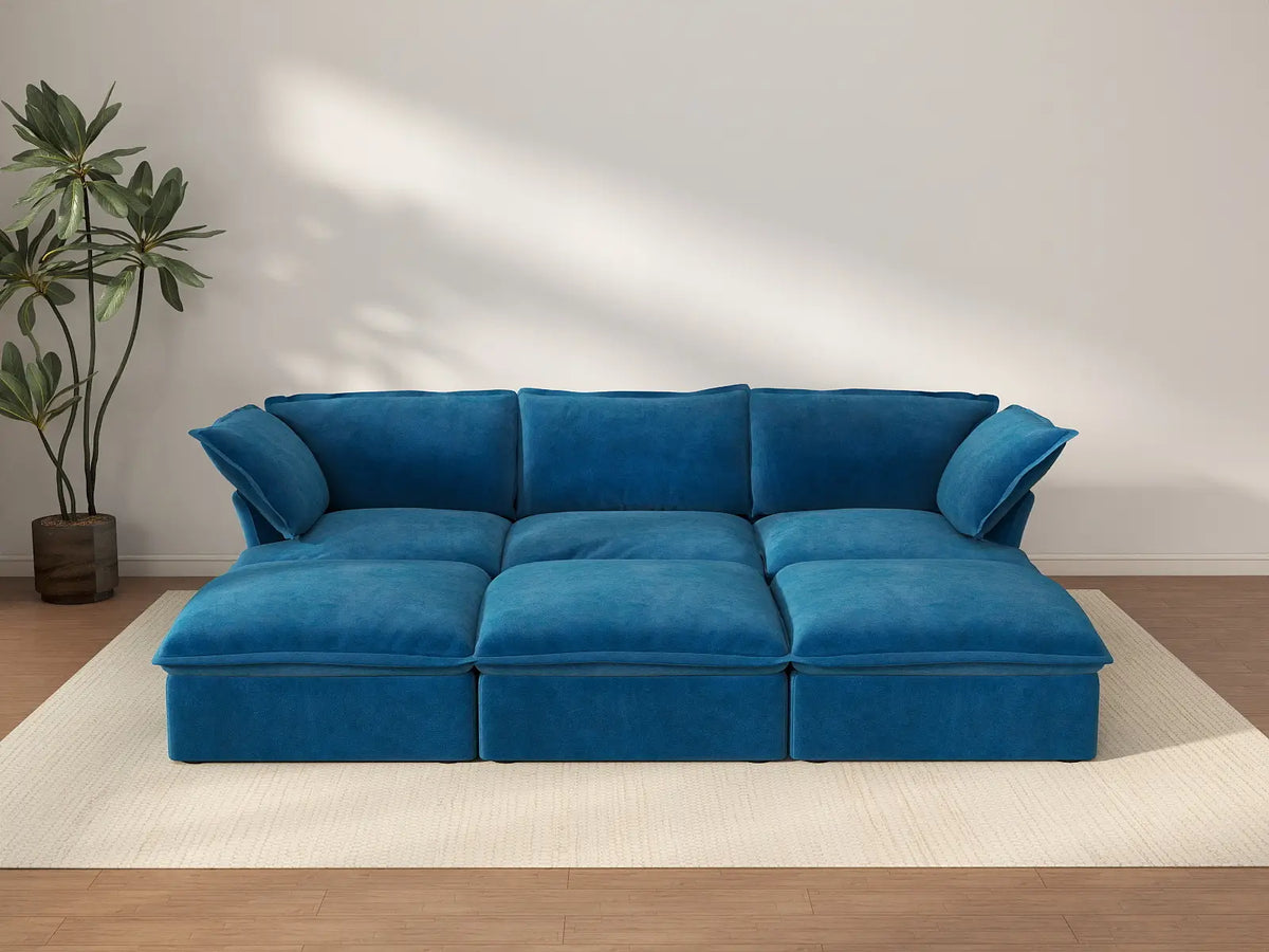 Deluxe Cloud Blue 3-Seater Modular Pit Sectional | 6-Piece (includes 3 ottomans), Velvet Fabric, Storage Ottoman