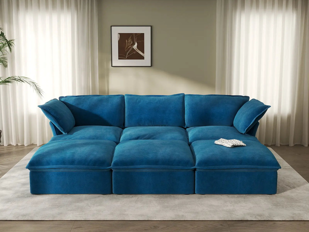 Deluxe Cloud Blue 3-Seater Modular Pit Sectional | 6-Piece (includes 3 ottomans), Velvet Fabric, Storage Ottoman