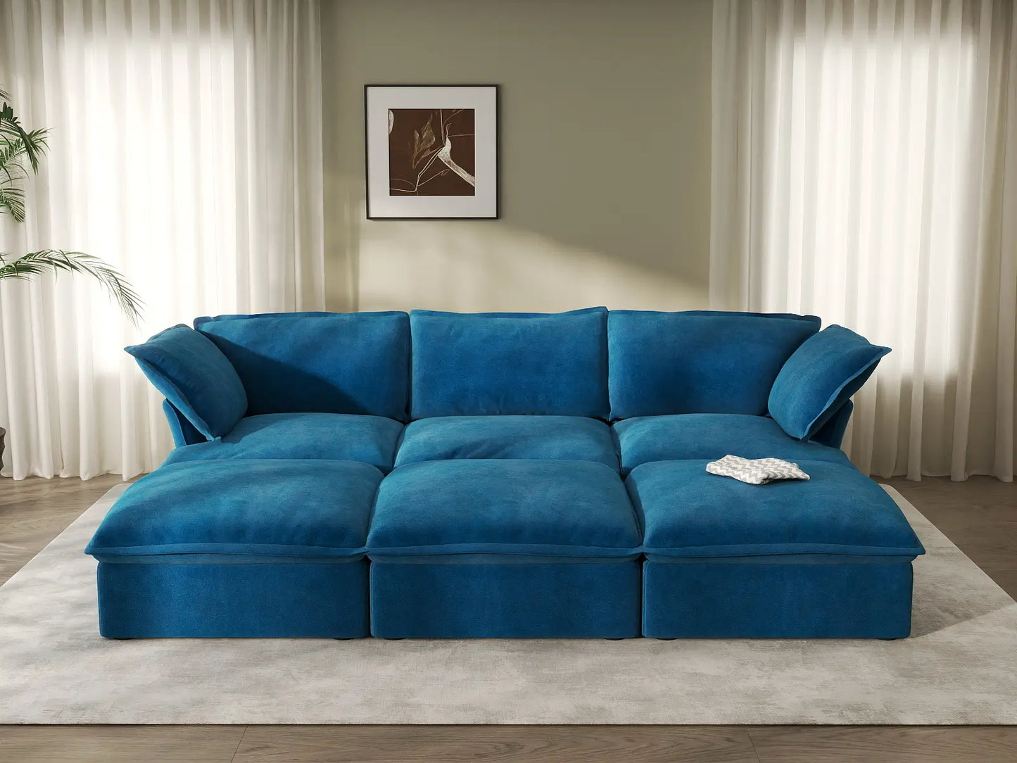Deluxe Cloud Blue 3-Seater Modular Pit Sectional | 6-Piece (includes 3 ottomans), Velvet Fabric, Storage Ottoman