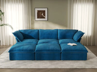 Deluxe Cloud Blue 3-Seater Modular Pit Sectional | 6-Piece (includes 3 ottomans), Velvet Fabric, Storage Ottoman