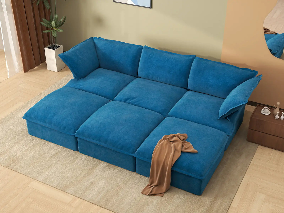 Deluxe Cloud Blue 3-Seater Modular Pit Sectional | 6-Piece (includes 3 ottomans), Velvet Fabric, Storage Ottoman