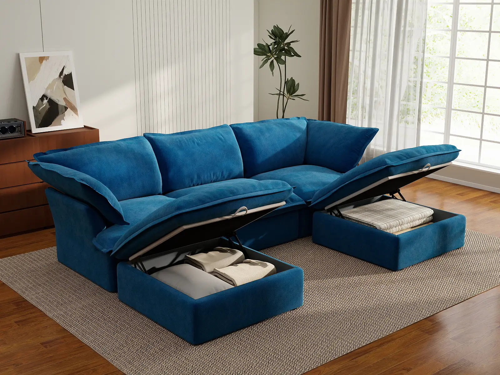 Deluxe Cloud Blue 3-Seater Modular U-Shaped Sectional | 5-Piece (includes 2 ottomans), Velvet Fabric, Storage Ottoman