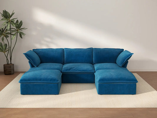 Sofá modular en forma de U de 3 plazas Deluxe Cloud Blue | 5 piezas (incluye 2 otomanas), tela de terciopelo, otomana con almacenaje