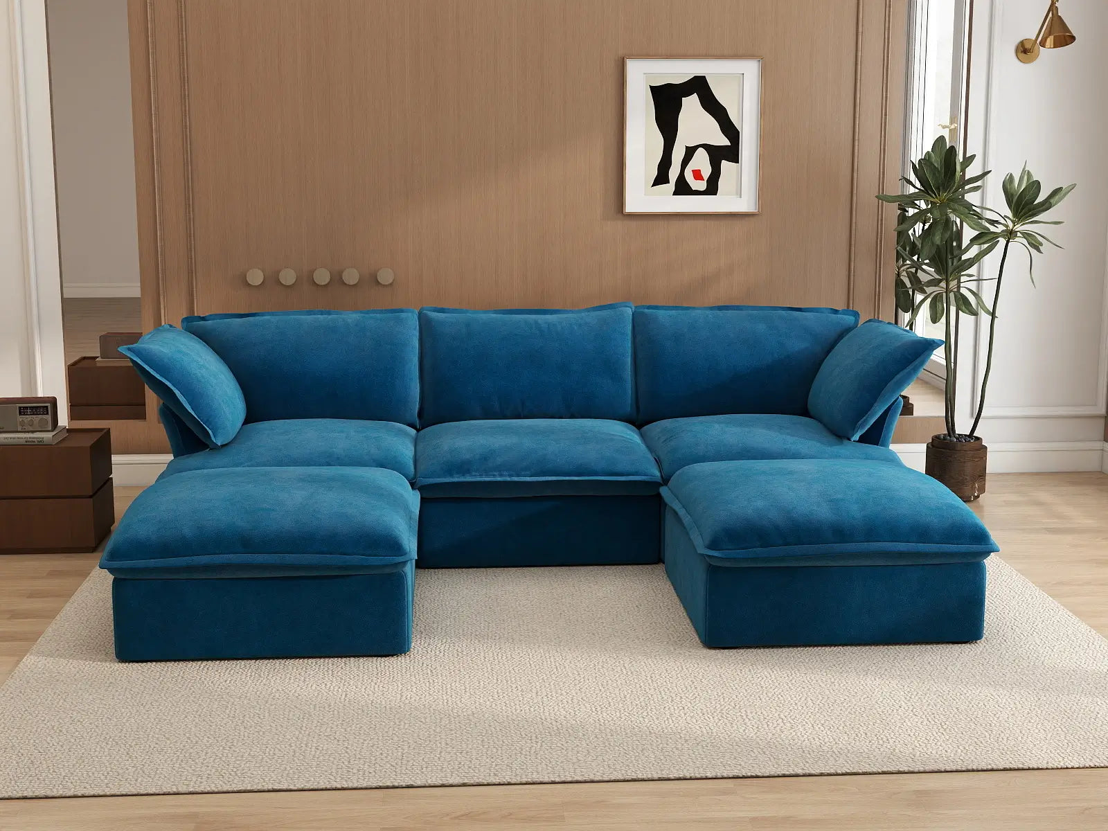 Deluxe Cloud Blue 3-Seater Modular U-Shaped Sectional | 5-Piece (includes 2 ottomans), Velvet Fabric, Storage Ottoman
