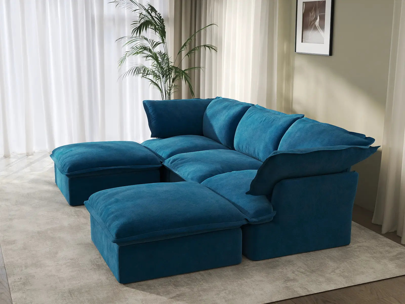 Deluxe Cloud Blue 3-Seater Modular U-Shaped Sectional | 5-Piece (includes 2 ottomans), Velvet Fabric, Storage Ottoman