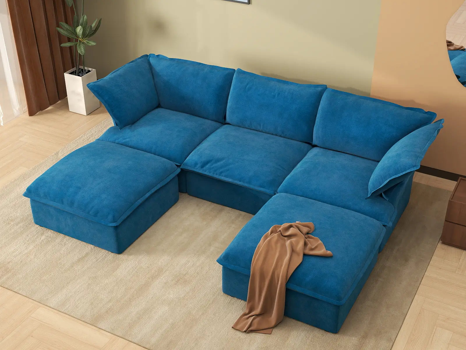 Deluxe Cloud Blue 3-Seater Modular U-Shaped Sectional | 5-Piece (includes 2 ottomans), Velvet Fabric, Storage Ottoman