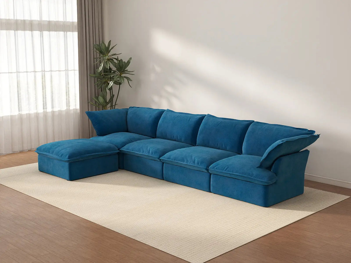 Deluxe Cloud Blue 4-Seater L-Shaped Sectional Sofa | 5-Piece (includes 1 ottoman), Velvet Fabric, Storage Ottoman