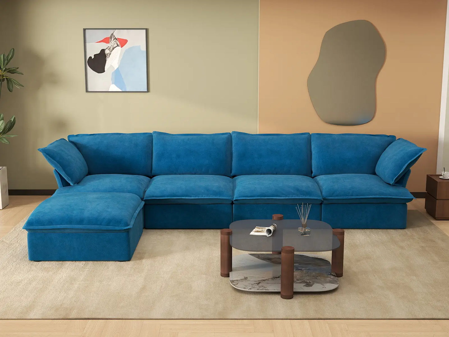 Deluxe Cloud Blue 4-Seater L-Shaped Sectional Sofa | 5-Piece (includes 1 ottoman), Velvet Fabric, Storage Ottoman