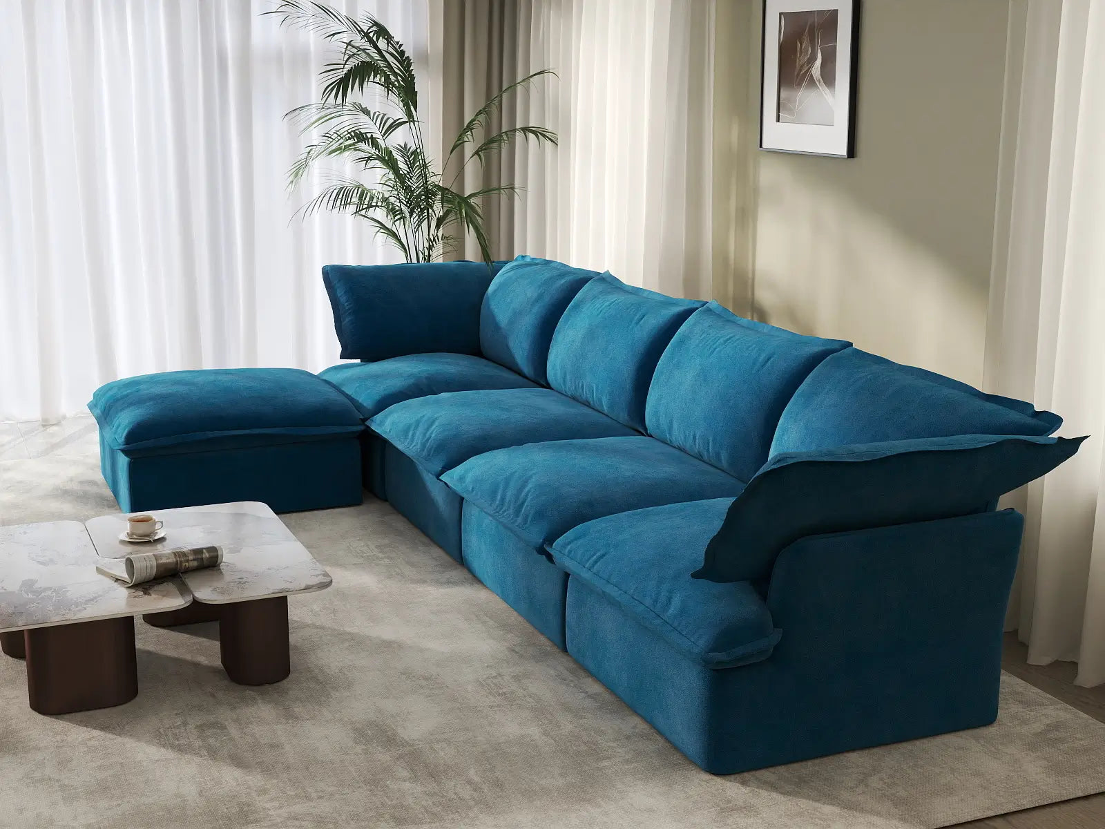 Sofá seccional de lujo en forma de L de 4 plazas, color azul nube | 5 piezas (incluye 1 otomana), tela de terciopelo, otomana con almacenamiento
