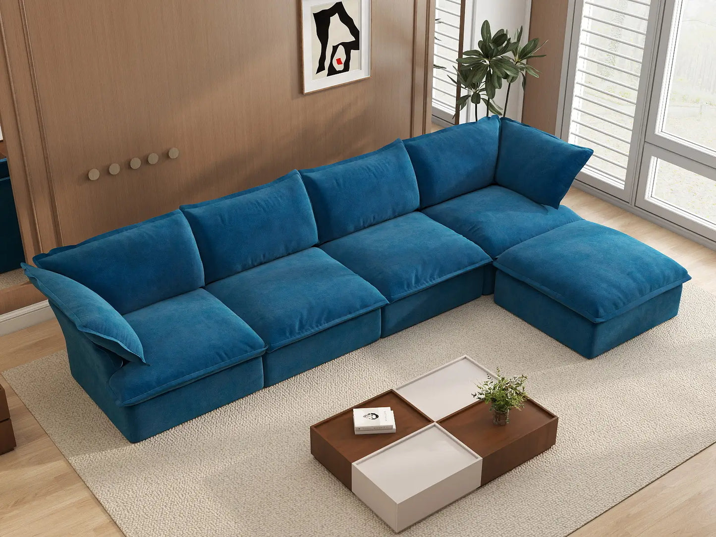 Deluxe Cloud Blue 4-Seater L-Shaped Sectional Sofa | 5-Piece (includes 1 ottoman), Velvet Fabric, Storage Ottoman