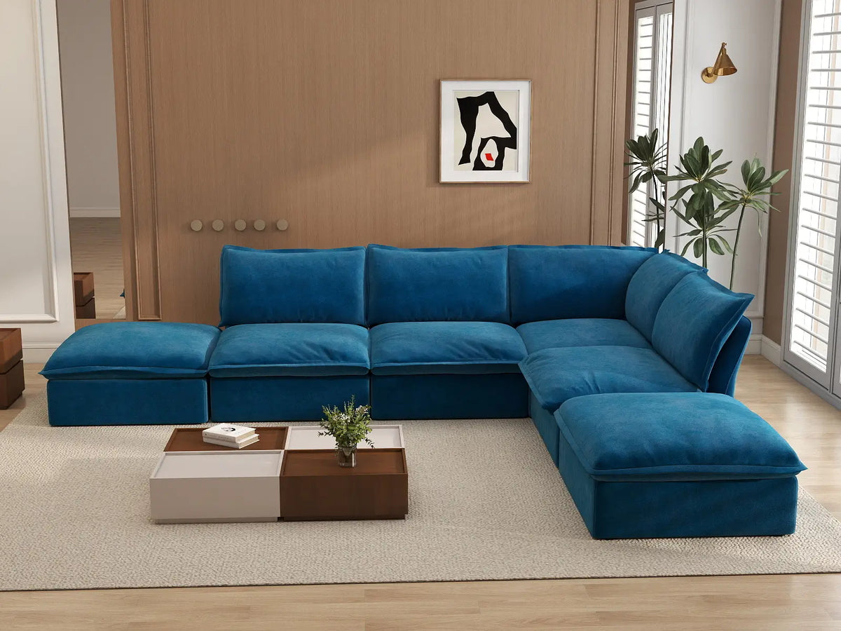 Deluxe Cloud Blue 4-Seater L-Shaped Sofa with Storage | 6-Piece (includes 2 ottomans), Velvet Fabric, Washable Covers