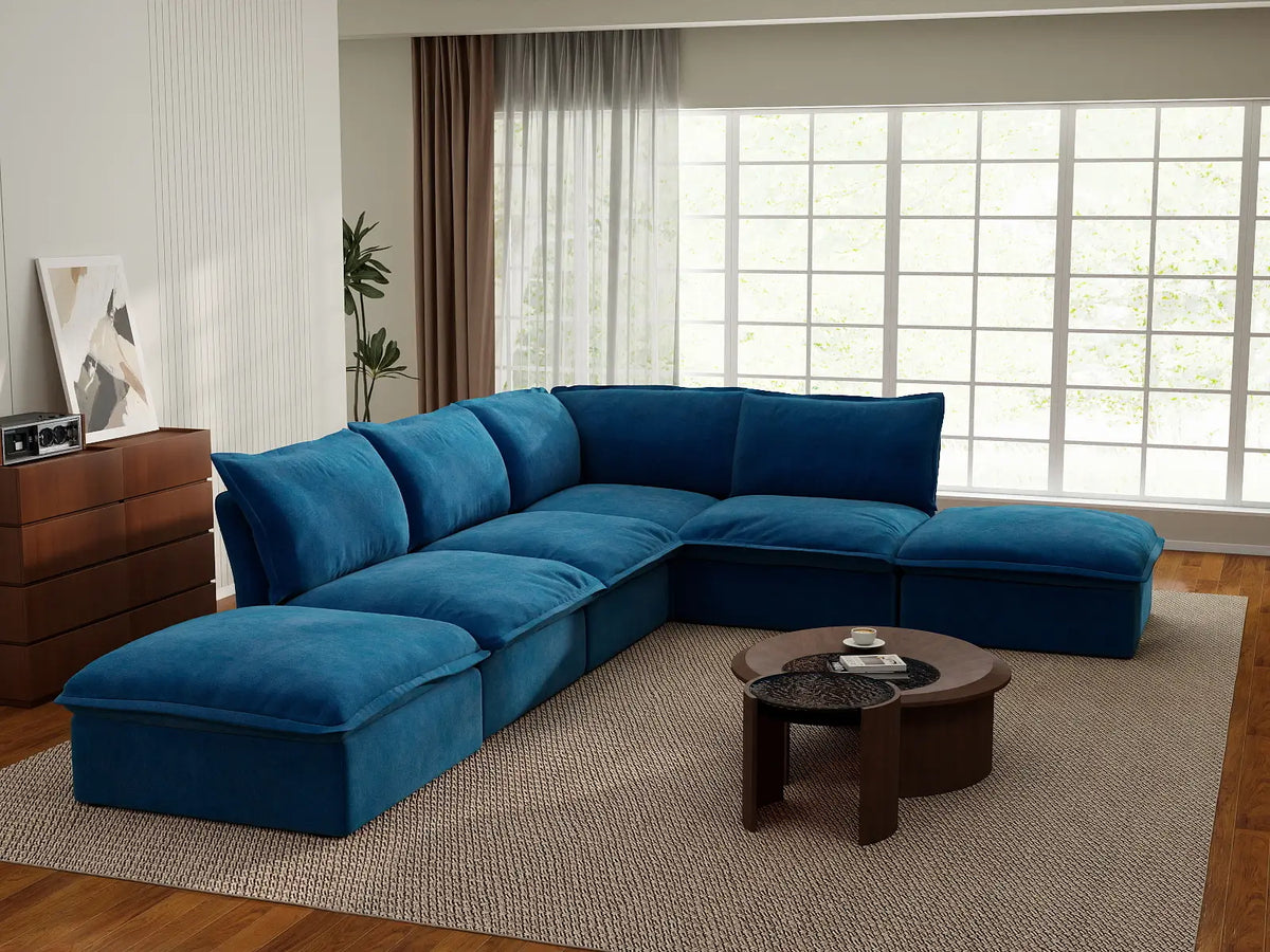 Deluxe Cloud Blue 4-Seater L-Shaped Sofa with Storage | 6-Piece (includes 2 ottomans), Velvet Fabric, Washable Covers