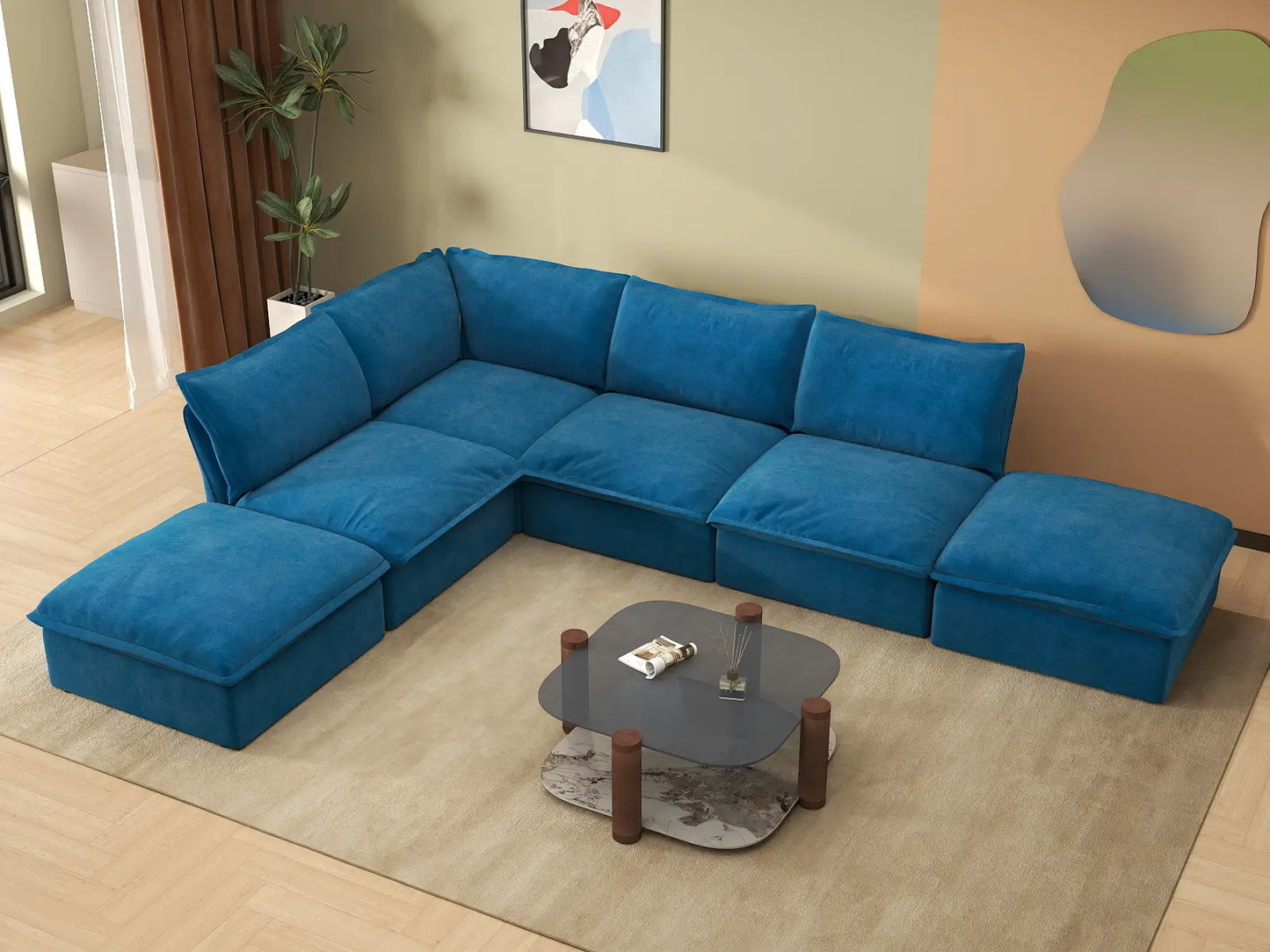 Deluxe Cloud Blue 4-Seater L-Shaped Sofa with Storage | 6-Piece (includes 2 ottomans), Velvet Fabric, Washable Covers