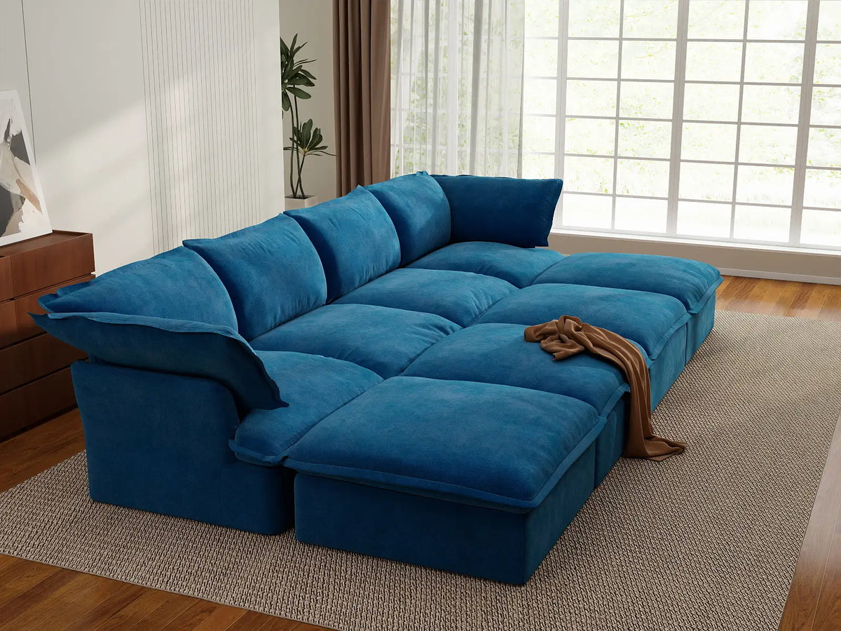 Deluxe Cloud Blue 4-Seater Pit Sectional with Storage | 8-Piece (includes 4 ottomans), Velvet Fabric, Washable Covers