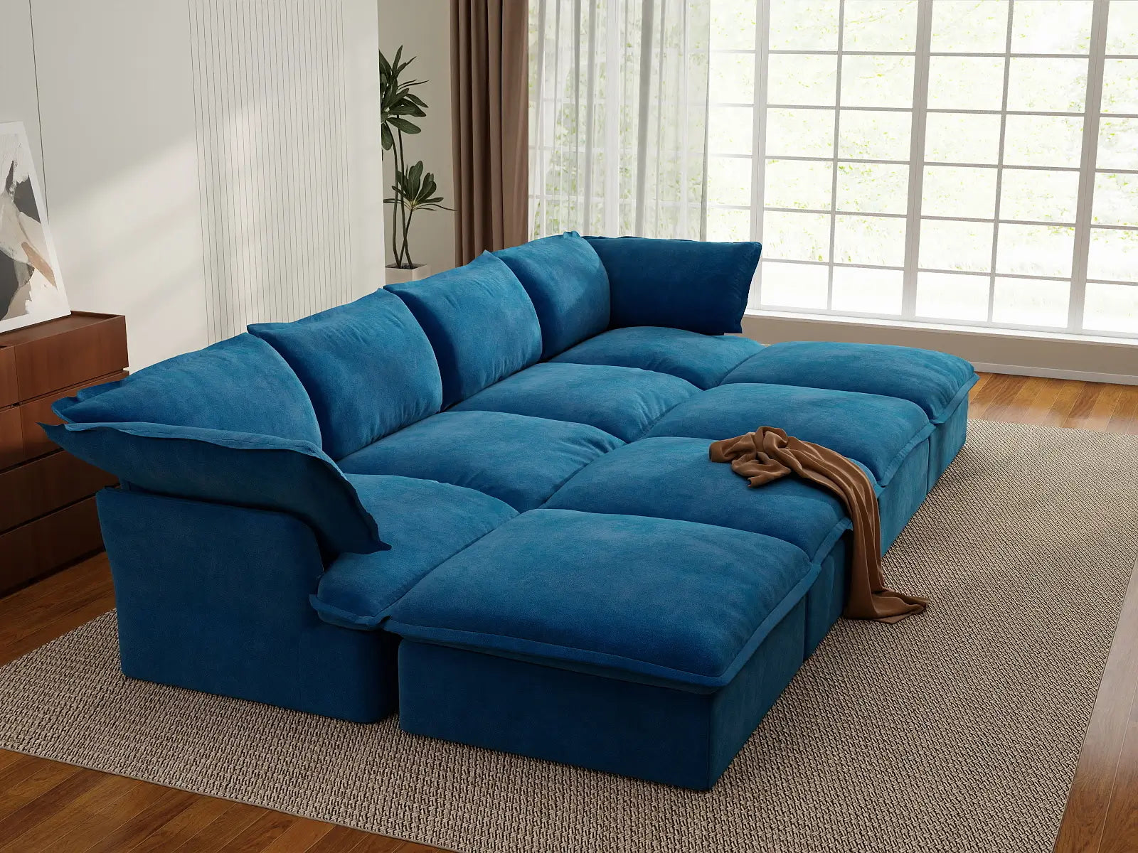 Sofá seccional Deluxe Cloud Blue con almacenamiento de 4 plazas | 8 piezas (incluye 4 otomanas), tela de terciopelo, fundas lavables