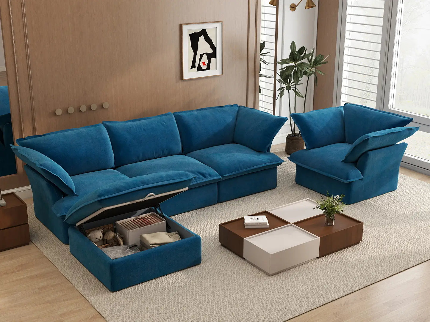 Sofá de 4 plazas Deluxe Nube Azul con almacenamiento | 5 piezas (incluye 1 otomana), tela de terciopelo, fundas lavables