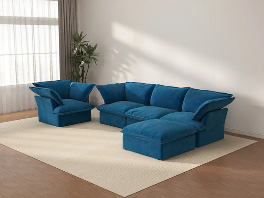 Sofá de 4 plazas Deluxe Nube Azul con almacenamiento | 5 piezas (incluye 1 otomana), tela de terciopelo, fundas lavables