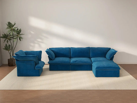 Sofá de 4 plazas Deluxe Nube Azul con almacenamiento | 5 piezas (incluye 1 otomana), tela de terciopelo, fundas lavables