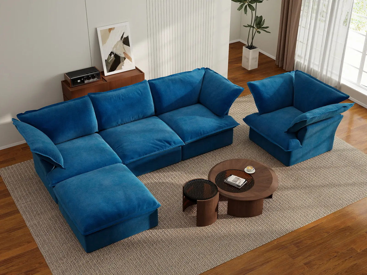 Sofá de 4 plazas Deluxe Nube Azul con almacenamiento | 5 piezas (incluye 1 otomana), tela de terciopelo, fundas lavables