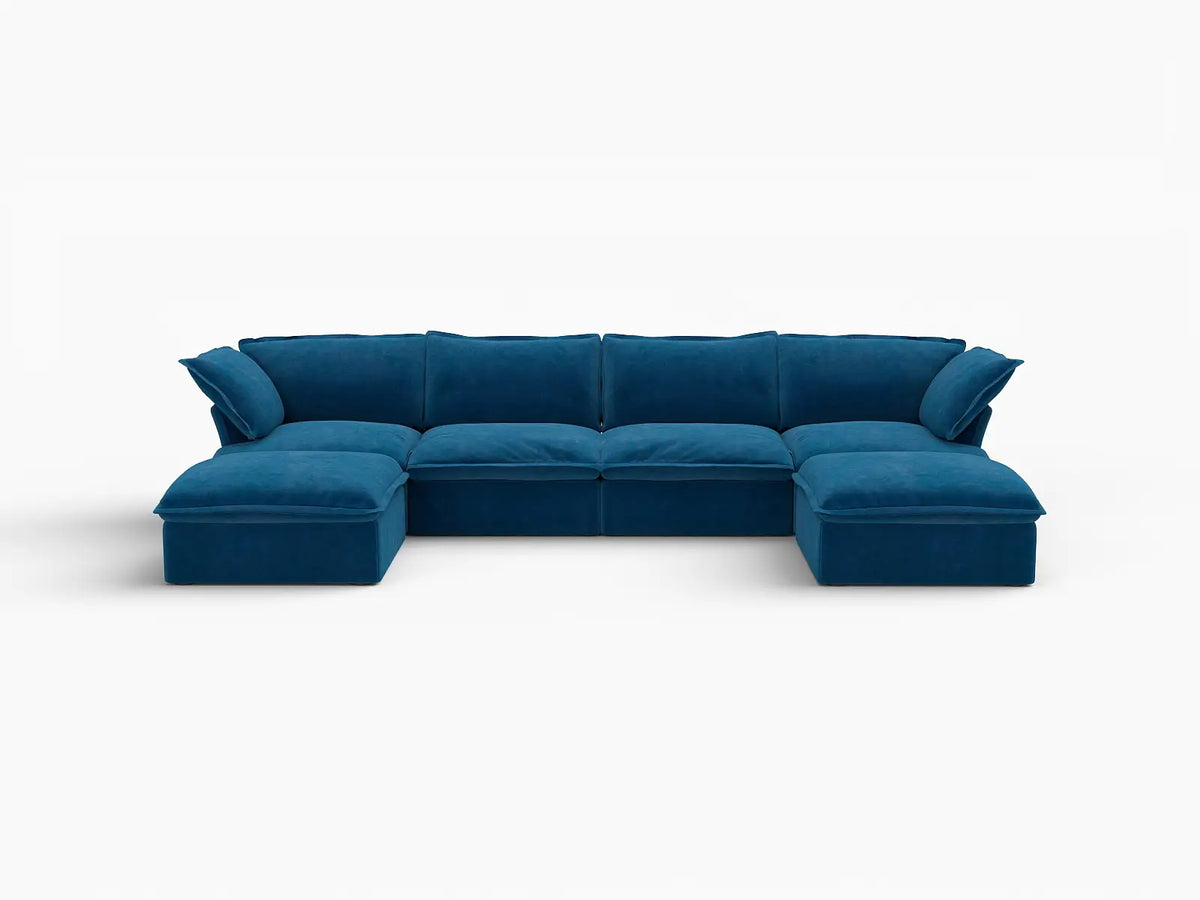Sofá de lujo en forma de U de 4 plazas Cloud Blue con almacenaje | 6 piezas (incluye 2 otomanas), tela de terciopelo, fundas lavables