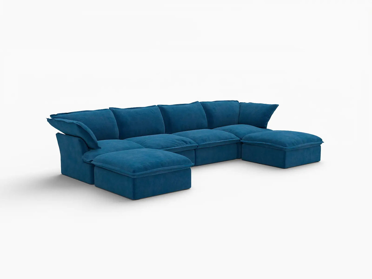 Sofá de lujo en forma de U de 4 plazas Cloud Blue con almacenaje | 6 piezas (incluye 2 otomanas), tela de terciopelo, fundas lavables