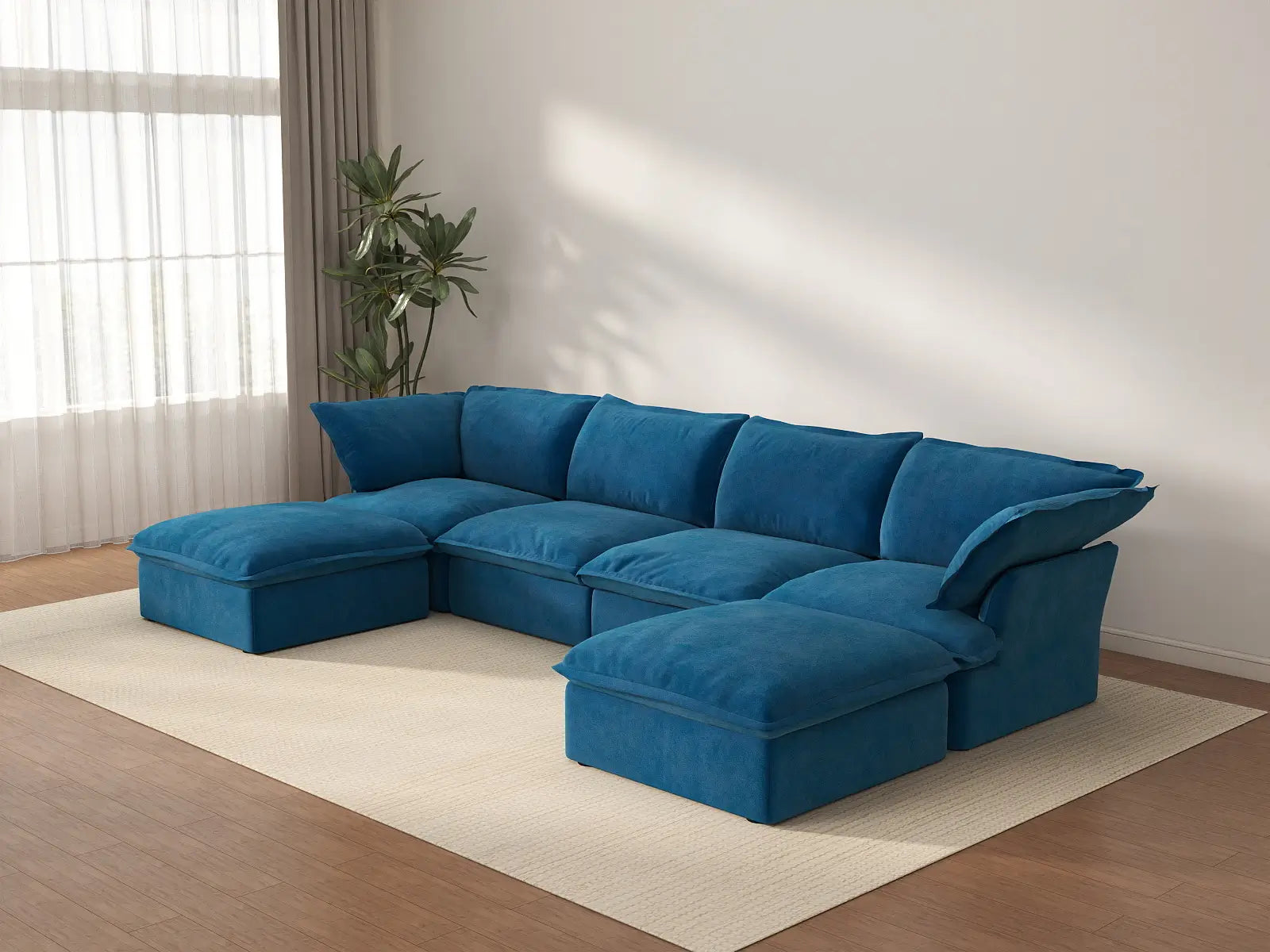 Sofá de lujo en forma de U de 4 plazas Cloud Blue con almacenaje | 6 piezas (incluye 2 otomanas), tela de terciopelo, fundas lavables
