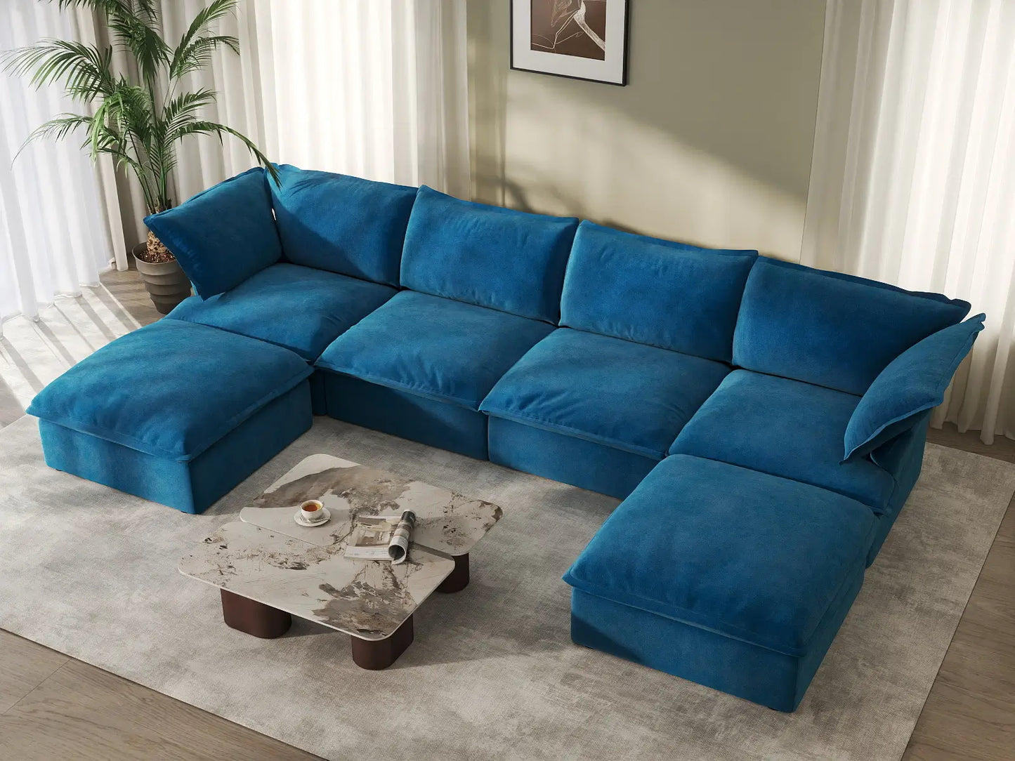 Sofá de lujo en forma de U de 4 plazas Cloud Blue con almacenaje | 6 piezas (incluye 2 otomanas), tela de terciopelo, fundas lavables