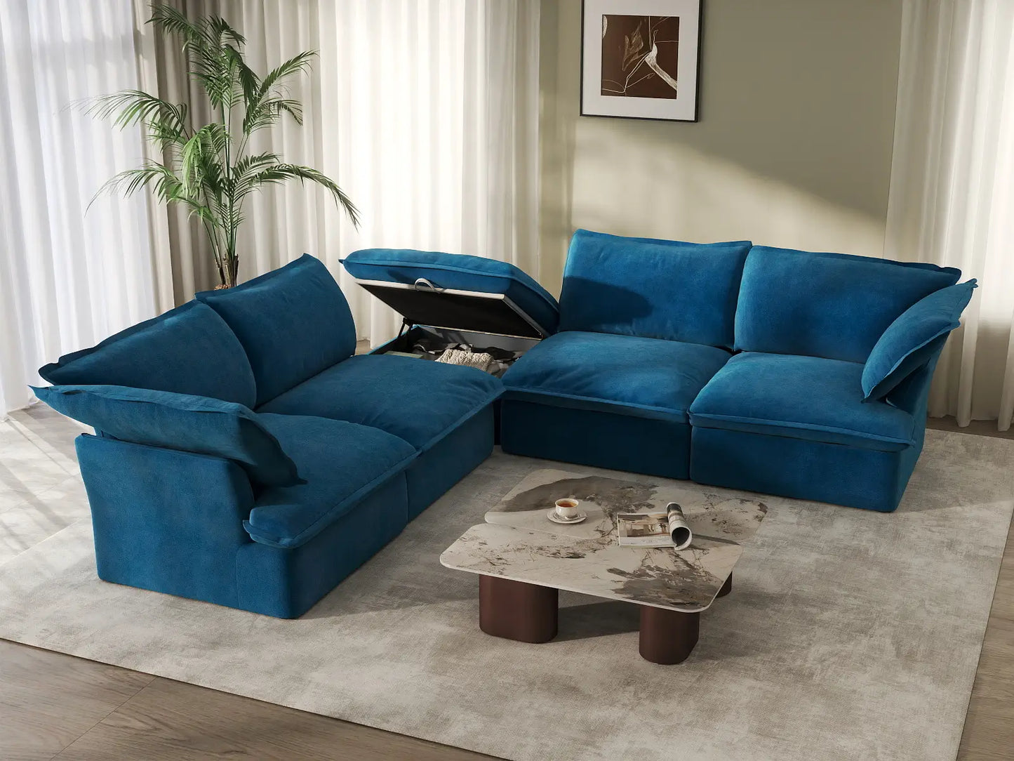 Deluxe Cloud Blue 4-Seater V-Shaped Sofa with Storage | 5-Piece (includes 1 ottoman), Velvet Fabric, Washable Covers