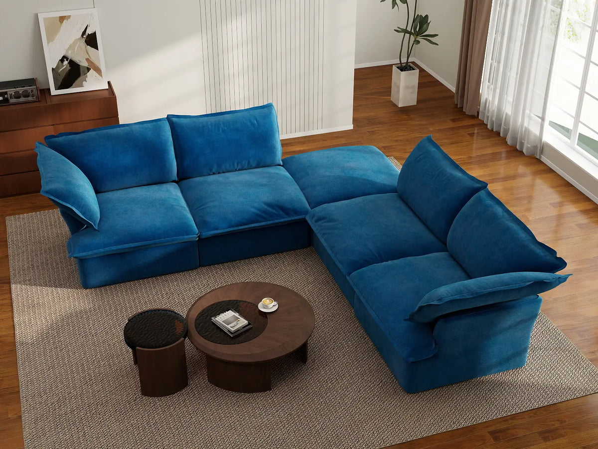 Deluxe Cloud Blue 4-Seater V-Shaped Sofa with Storage | 5-Piece (includes 1 ottoman), Velvet Fabric, Washable Covers