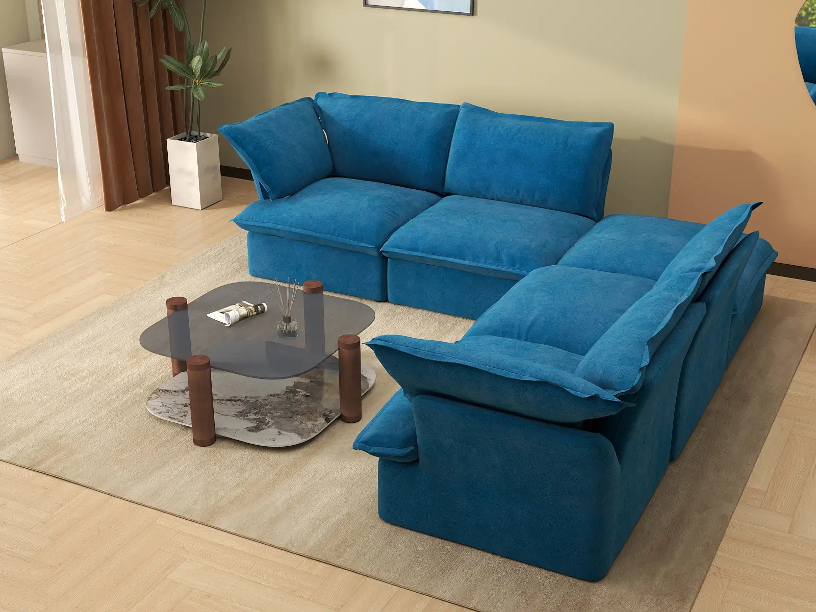 Sofá de lujo Cloud Blue de 4 plazas en forma de V con almacenamiento | 5 piezas (incluye 1 otomana), tejido de terciopelo, fundas lavables