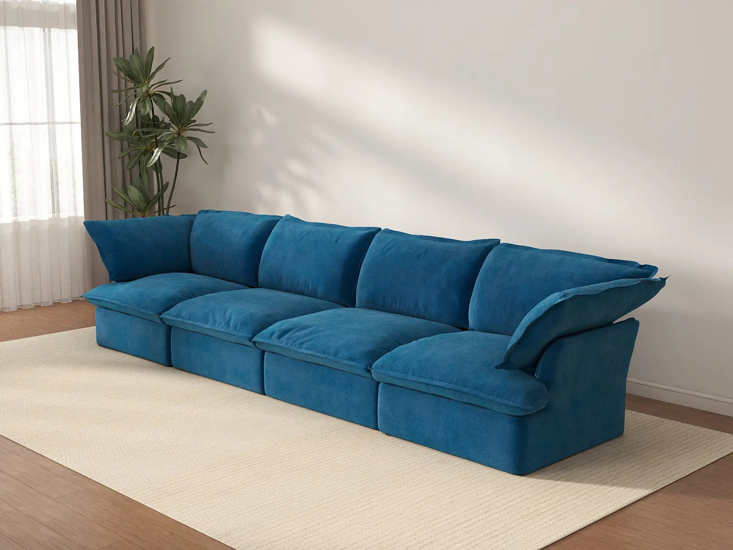 Sofá Seccional de Terciopelo Azul Nube de Lujo de 4 Plazas | 4 Piezas, Fundas Lavables
