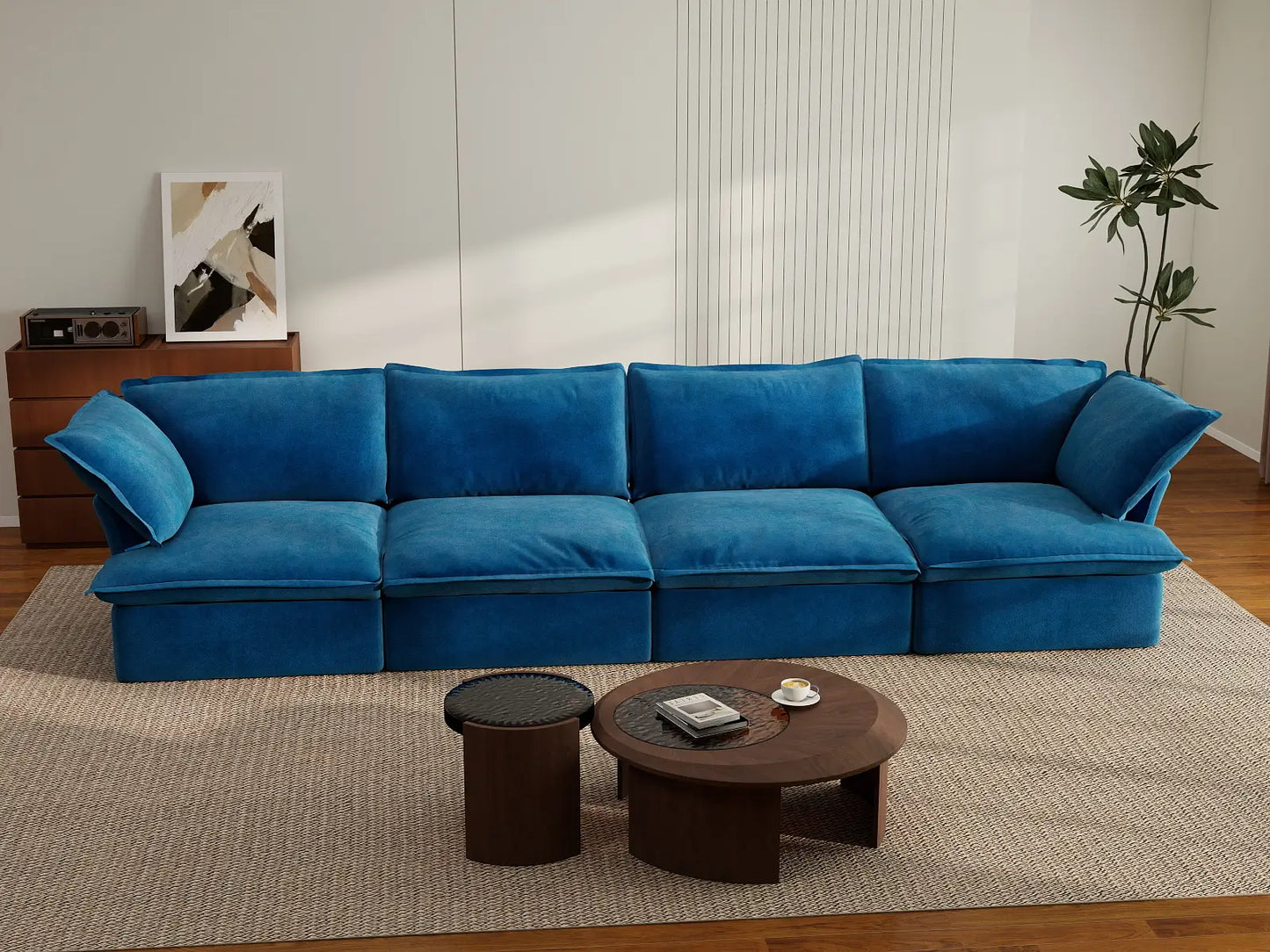 Sofá Seccional de Terciopelo Azul Nube de Lujo de 4 Plazas | 4 Piezas, Fundas Lavables
